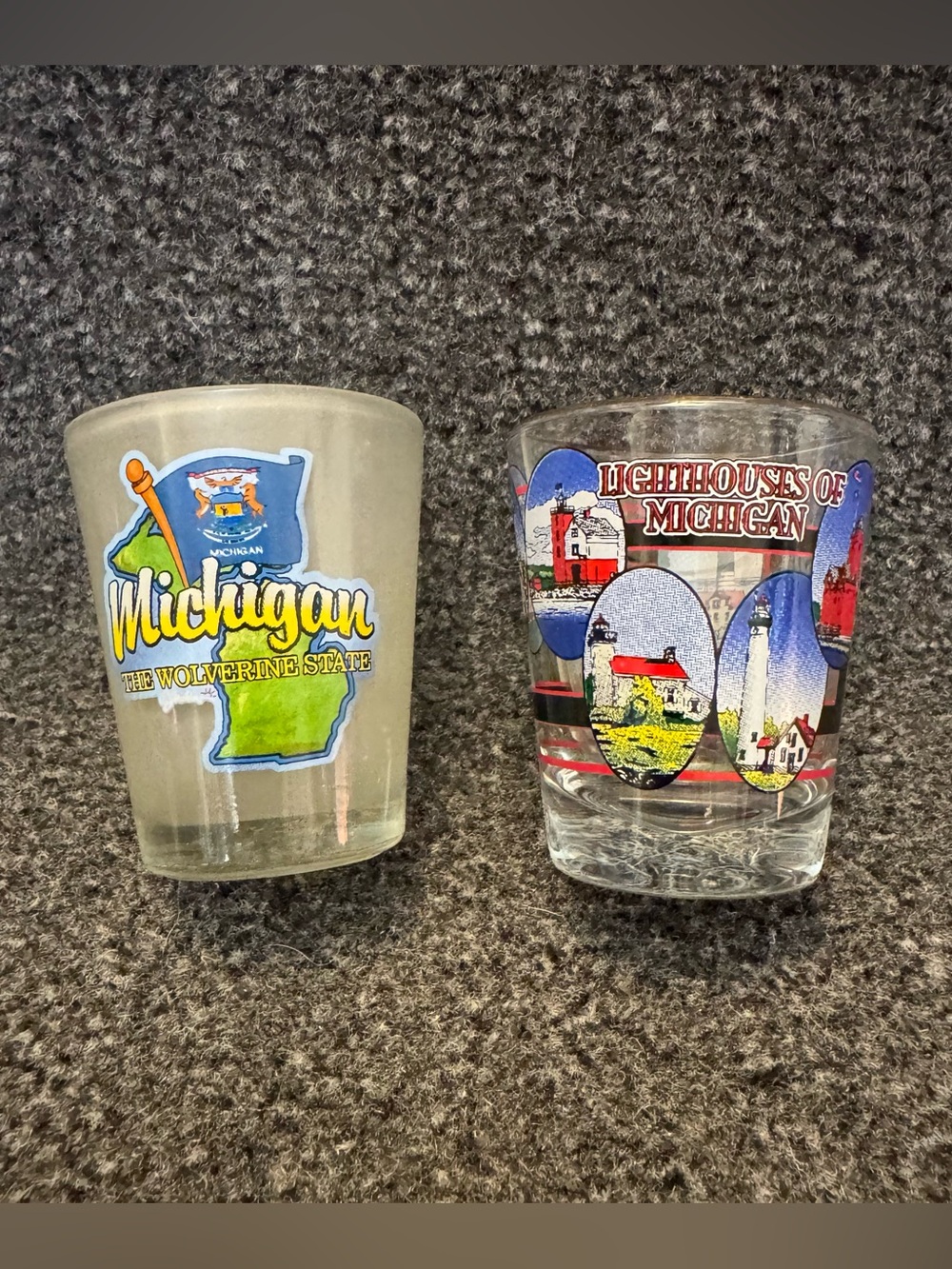 Michigan Souvenir Shot Glasses Set of 2 Wolverine State & Lighthouses